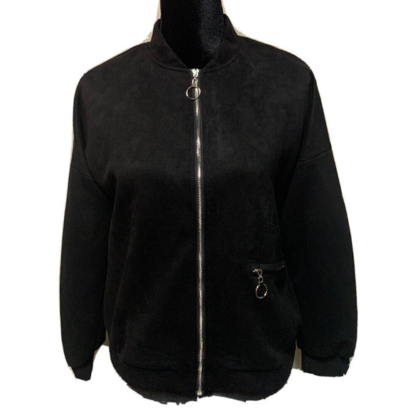 CBR Bomber Jacket Womens Medium Faux Suede Black Zip Front Rockabilly 50's Coat - Picture 3 of 13